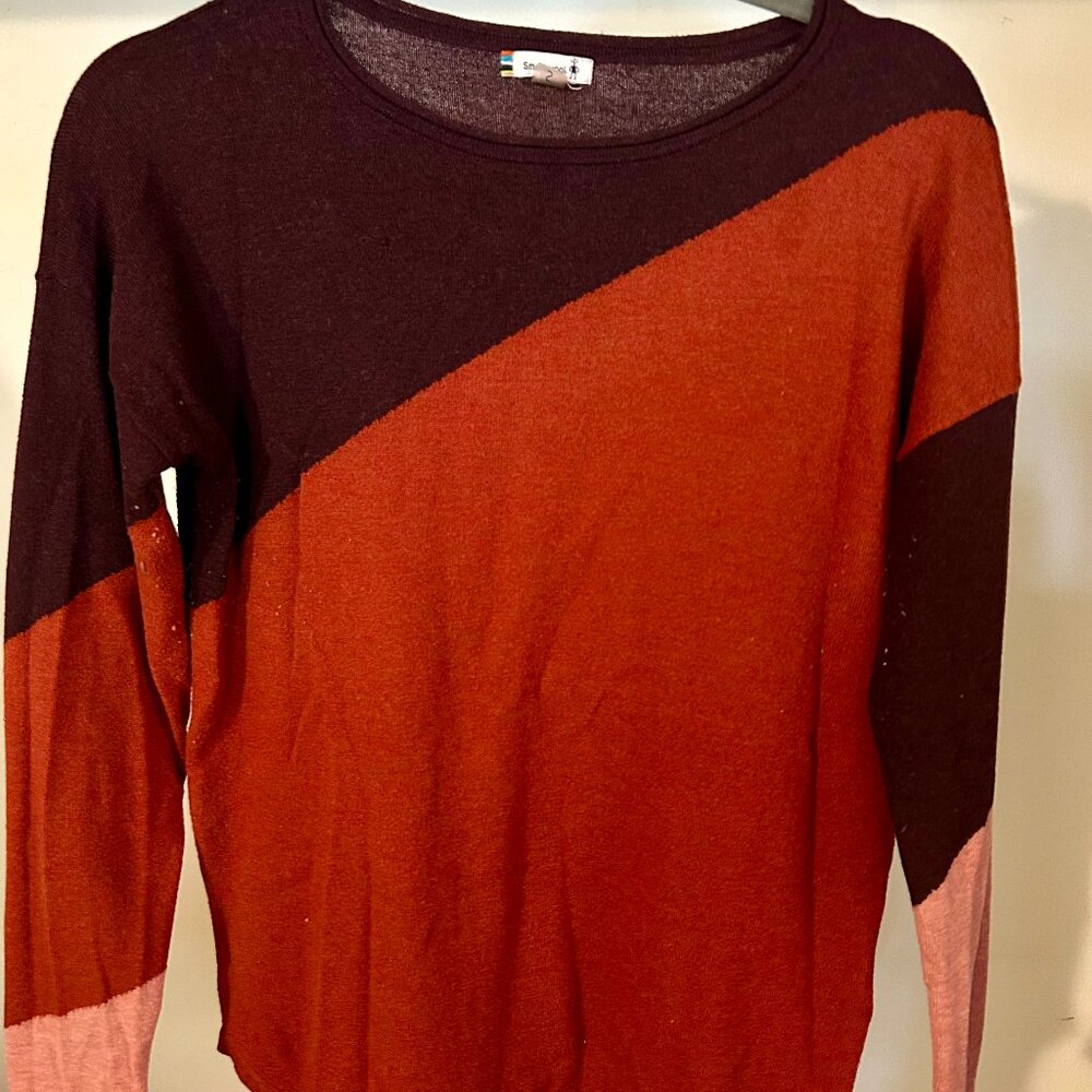 Smartwool Merino Wool Colorblock Sweater, Size S, Burgundy/Rust/Pink
